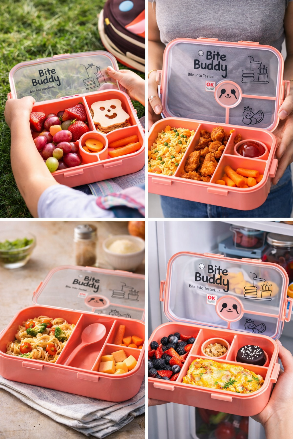 Bite Buddy Kids Lunch Box 900ml | Leakproof BPA-Free Tiffin Box with 3+1 Compartments & Spoon | Divided Lunch Box for School, Office & Travel | Cute & Durable Design
