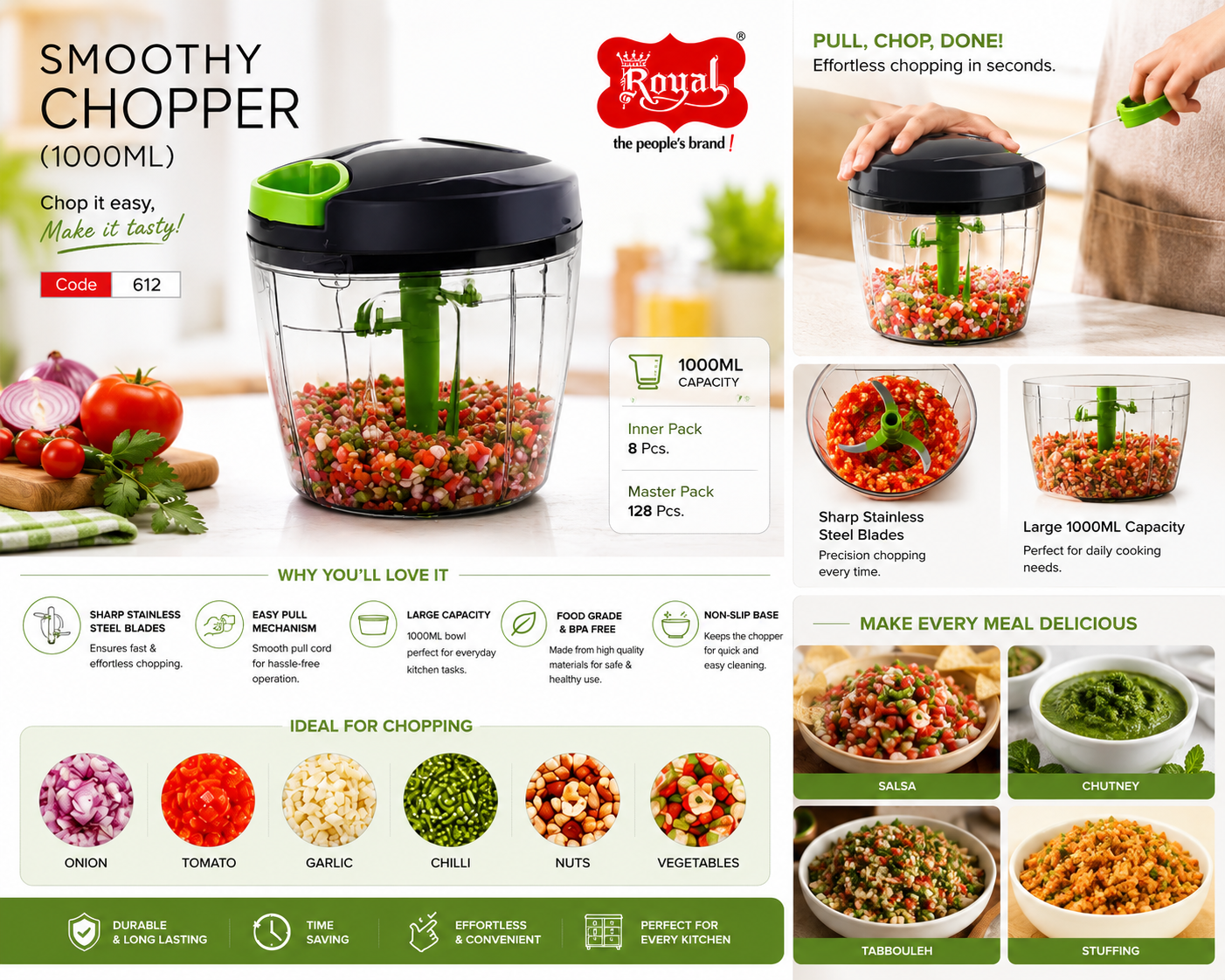 Royal Smoothy Chopper 1000ml Manual Vegetable Chopper with Pull Cord, Stainless Steel Blades, Food Grade BPA Free Kitchen Chopper for Onion, Tomato, Garlic, Chilli, Nuts & Vegetables