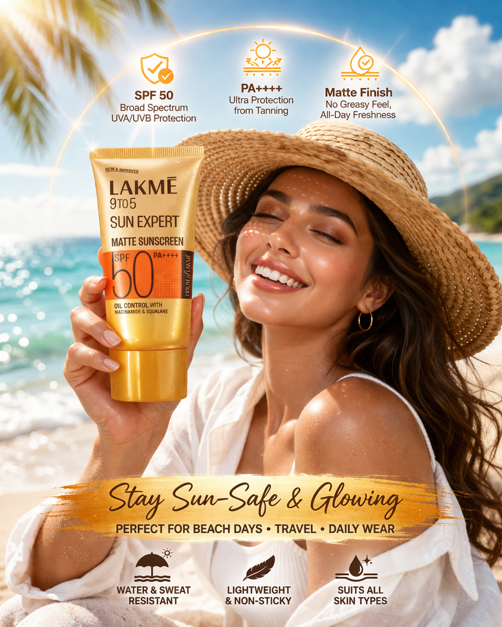 Lakmé 9to5 Sun Expert Matte Sunscreen SPF 50 PA++++ with Niacinamide & Squalane, Oil Control Lightweight Sunscreen
