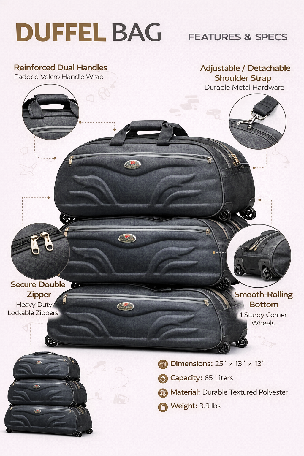 65L ( set 4 ) Wheeled Travel Duffel Bag with Trolley Wheels, Large Rolling Luggage Bag with Shoulder Strap, Durable Polyester Weekender Bag