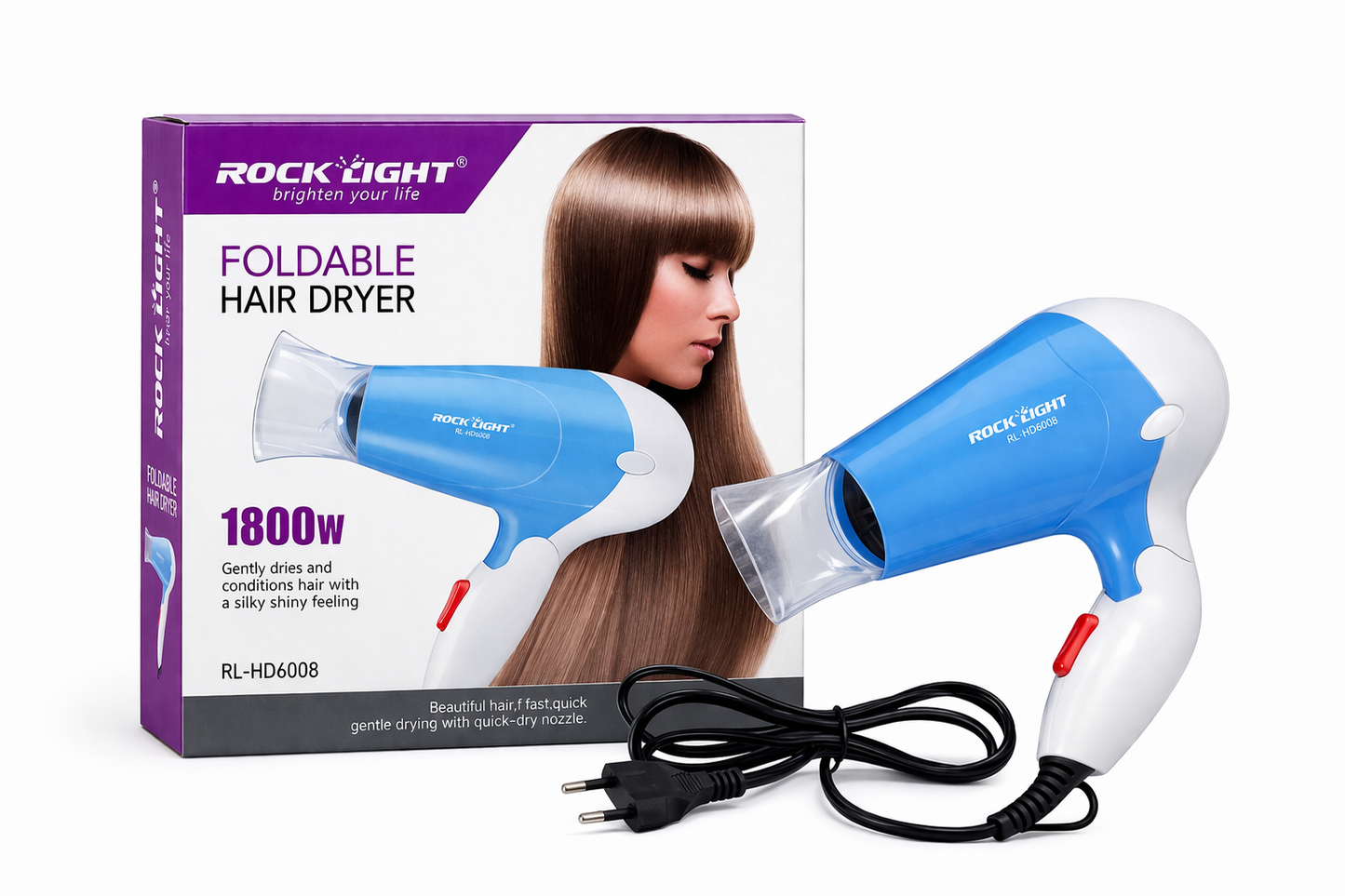 रॉक लाइट फोल्डेबल हेयर ड्रायर 1800W – डुअल टेम्प्रेचर और स्पीड सेटिंग्स, हाई-स्पीड फैन, फोल्डेबल हैंडल, हल्के ब्लो ड्रायर के साथ कॉम्पैक्ट ट्रैवल हेयर ड्रायर पुरुषों और महिलाओं के लिए