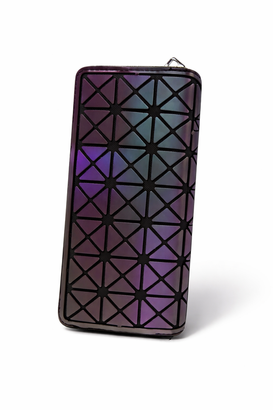 Women's Iridescent Zip Around Wallet with Multiple Card Slots, Coin Pocket, Bill Section, ID Window and Secure Zipper Closure, Purple Geometric Design