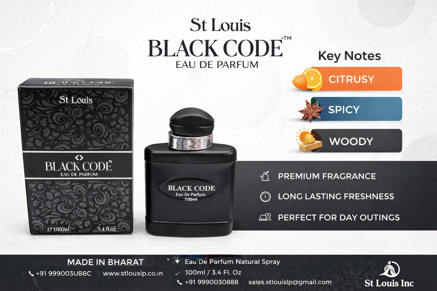 St Louis Black Code Eau De Parfum for Men 100ml – Long Lasting Premium Perfume | Citrusy Spicy Woody Fragrance | Daily Wear & Party Use