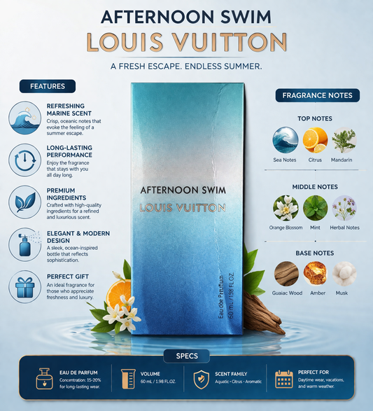 Louis Vuitton Afternoon Swim Eau De Parfum, Luxury Aquatic Citrus Aromatic Perfume with Mandarin, Amber & Musk Notes, 60ml
