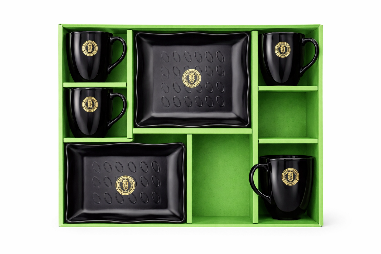 6-Piece Ceramic Tea Cup & Snack Plate Set with Gift Box | 4 Black Tea Cups + 2 Square Plates