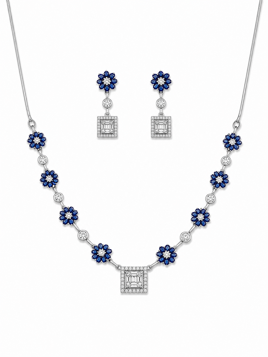 Sapphire Diamond Jewelry Set for Women, V Collar Necklace Earrings Set, Blue Stone Bridal Jewelry, Luxury Wedding Party Jewelry for Girls & Women