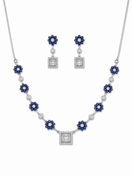 Sapphire Diamond Jewelry Set for Women, V Collar Necklace Earrings Set, Blue Stone Bridal Jewelry, Luxury Wedding Party Jewelry for Girls & Women
