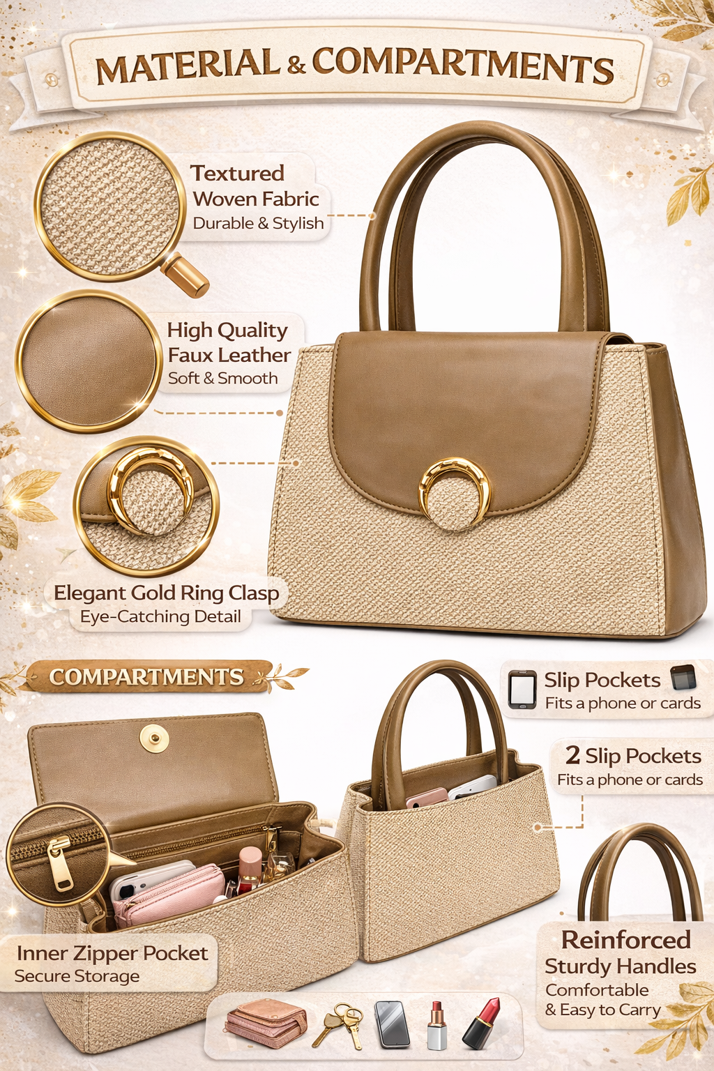 Women’s Textured Handbag, Premium Faux Leather Satchel with Gold Ring Clasp, Multi-Compartment Tote Bag with Zip Pocket & Slip Pockets for Office & Daily Use