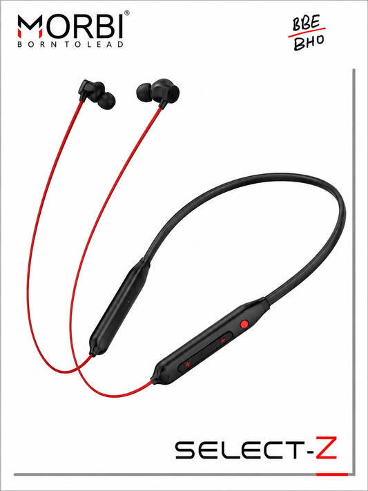 MORBI SELECT-Z Wireless Bluetooth Neckband Earphones with Mic, 78 Hours Playback, Bluetooth 5.4, Magnetic Earbuds, Deep Bass, HD Mic, Type-C Fast Charging, Sweat & Splash Resistant, Lightweight Neckband, Black & Red