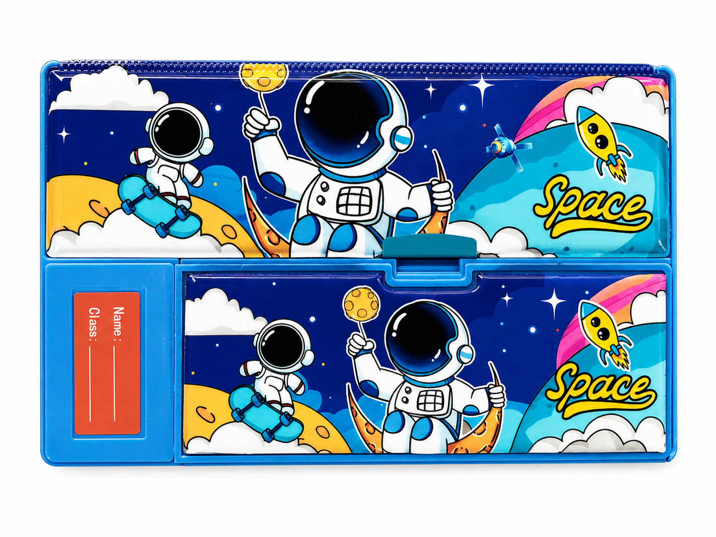 Space Astronaut Large Capacity Pencil Box for Boys – Multi-Compartment Stationery Organizer with Smooth Sliding Tray & Personalizable Name Tag