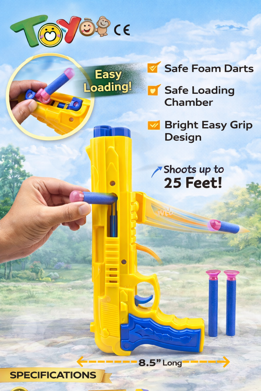 Foam Dart Toy Gun for Kids, Safe Soft Bullet Blaster with Easy Load Mechanism, Long Range Shooting up to 25 Feet, Lightweight Grip Toy Gun with Foam Darts (3+ Years)