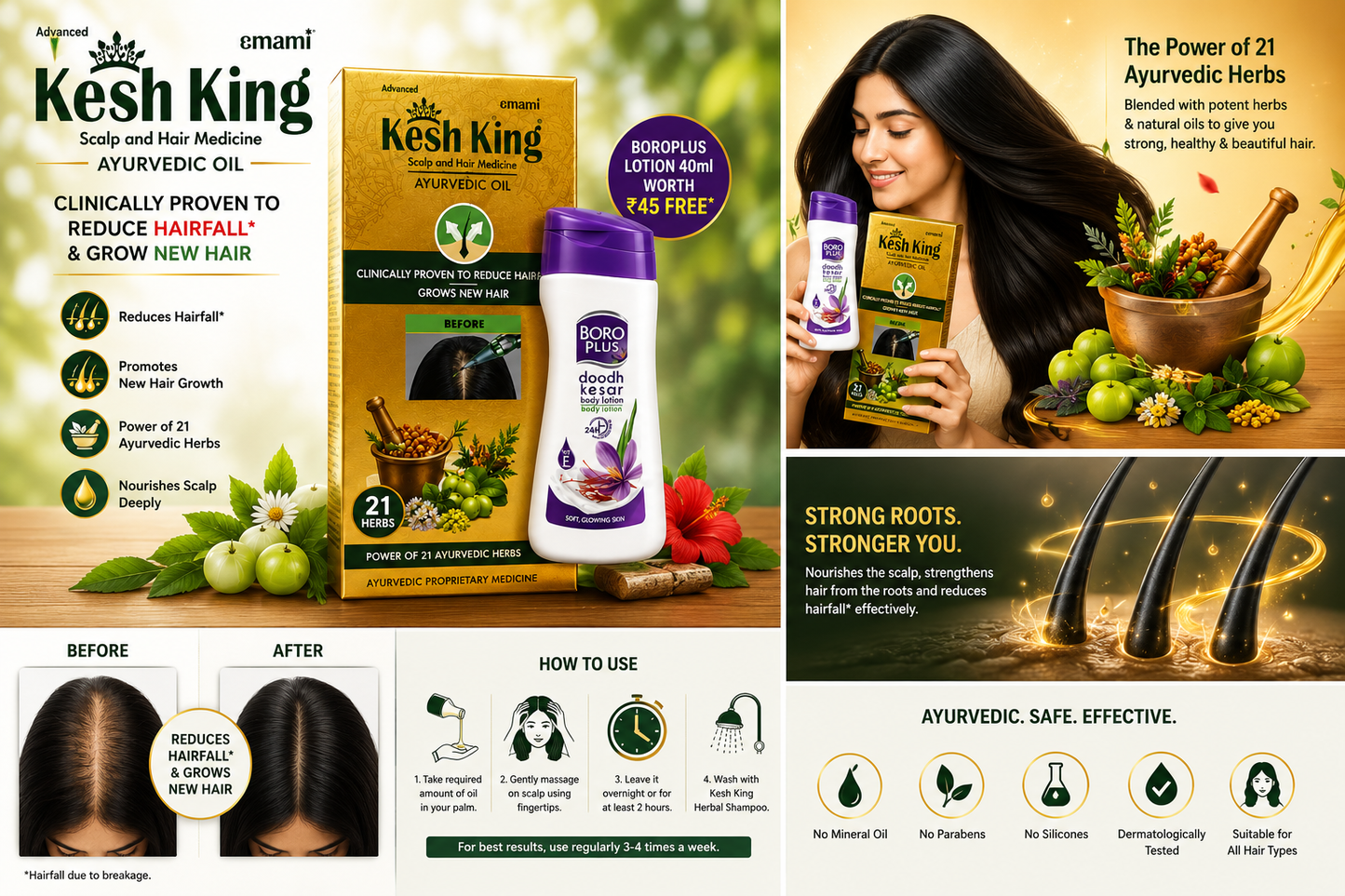 Kesh King Ayurvedic Hair Oil for Hair Fall Control & Hair Growth | 21 Ayurvedic Herbs | Nourishes Scalp & Strengthens Hair | Suitable for Men & Women | 200ml + BoroPlus Doodh Kesar Body Lotion 40ml Free