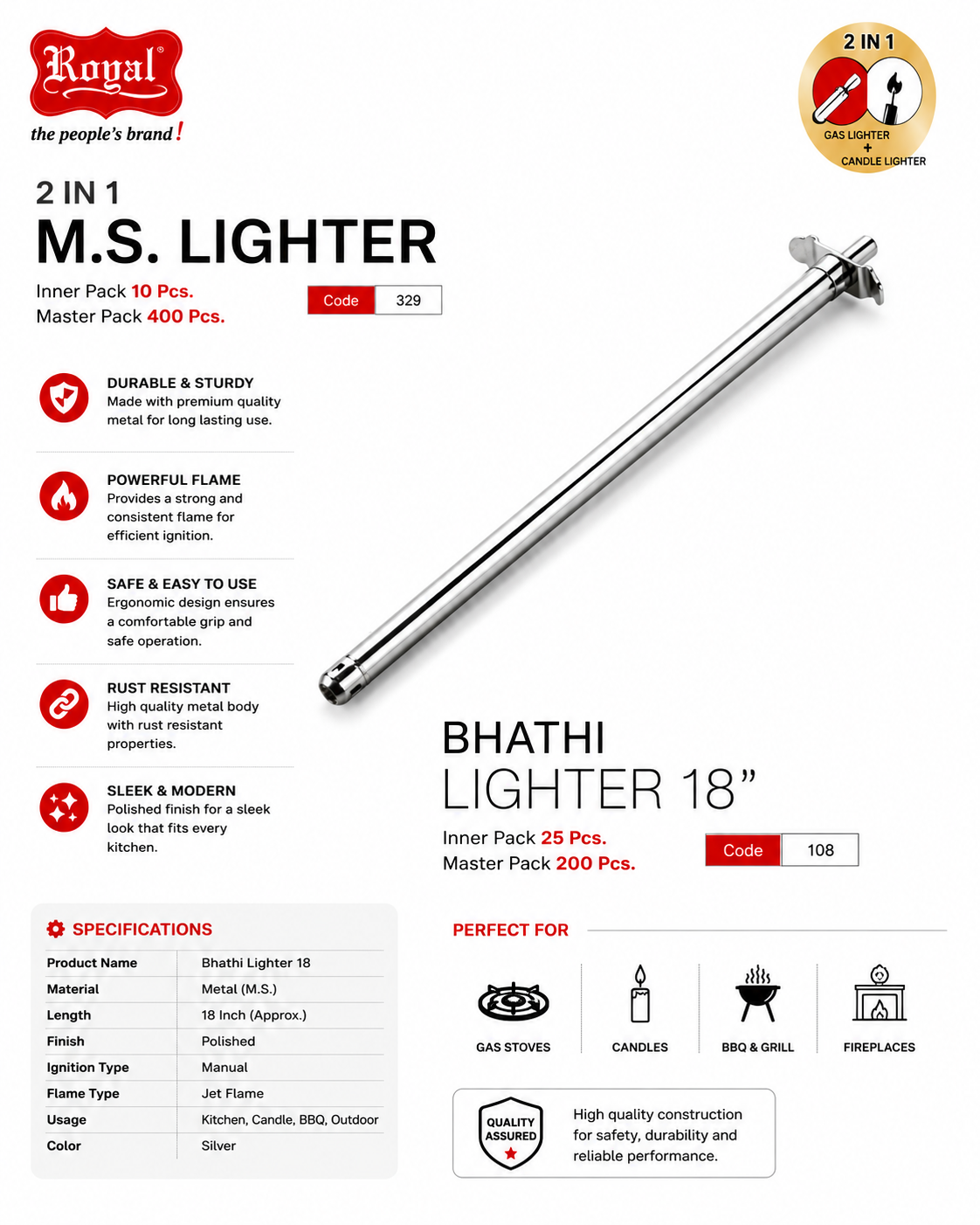 Royal Bhathi Gas Lighter 18 Inch, 2 in 1 M.S. Gas & Candle Lighter, Long Handle Stainless Steel Kitchen Lighter, Jet Flame Manual Igniter for Gas Stove, BBQ, Fireplace & Camping