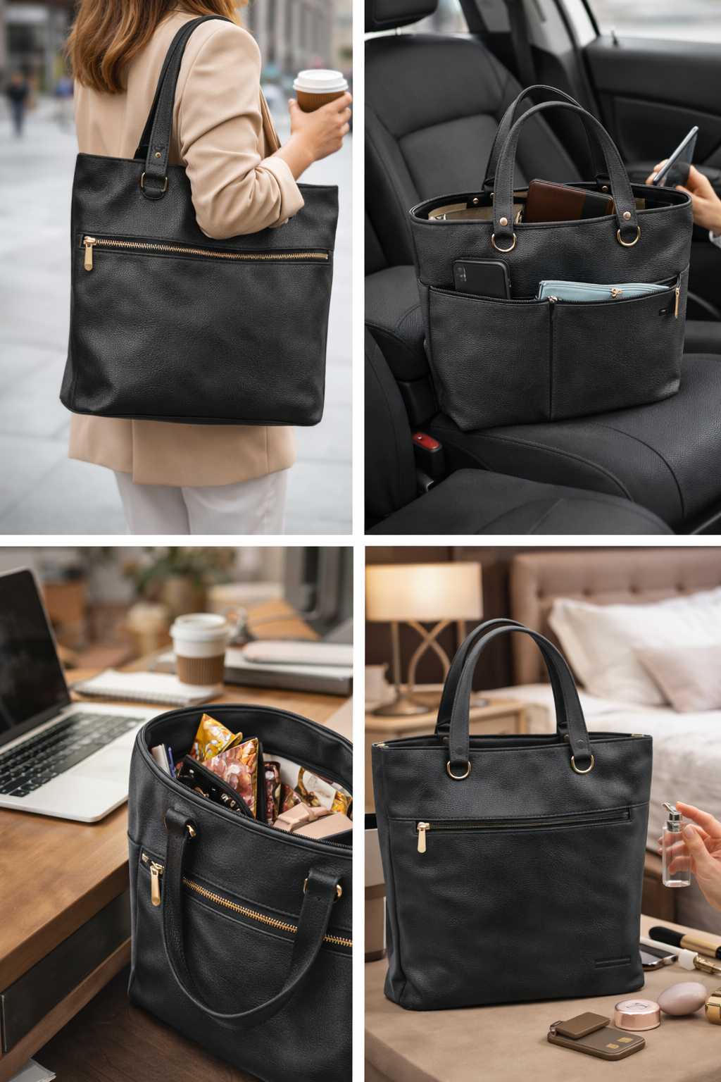 Black Tote Bag for Women, Faux Leather Shoulder Handbag with Front Zip Pocket, Rear Slip Pocket