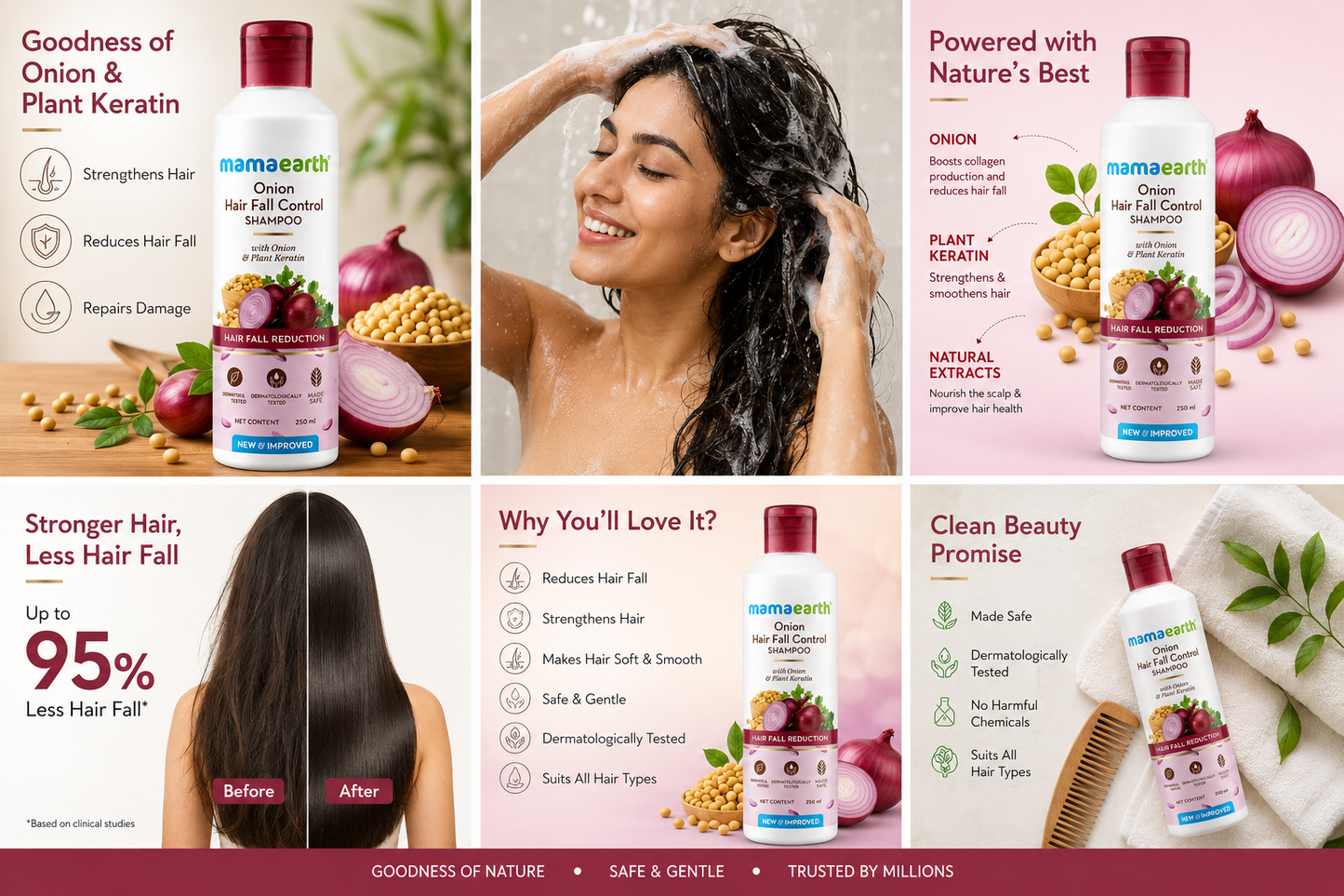 Mamaearth Onion Hair Fall Control Shampoo for Hair Growth – with Onion & Plant Keratin for Hair Fall Reduction, Strengthens Hair from Root to Tip, Dermatologically Tested & Made Safe, 250ml