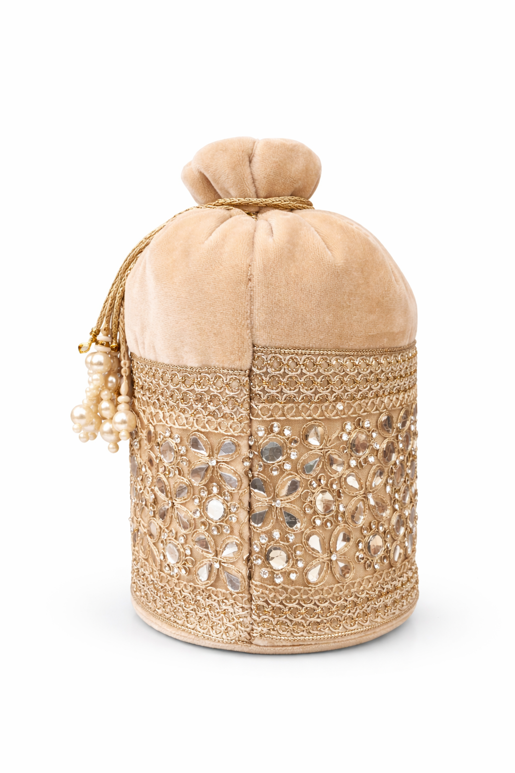 Amazon GEO / SEO Listing Content Product Title  Beige Velvet Potli Bag for Women, Embroidered Drawstring Ethnic Clutch Purse with Pearl Handle and Tassels