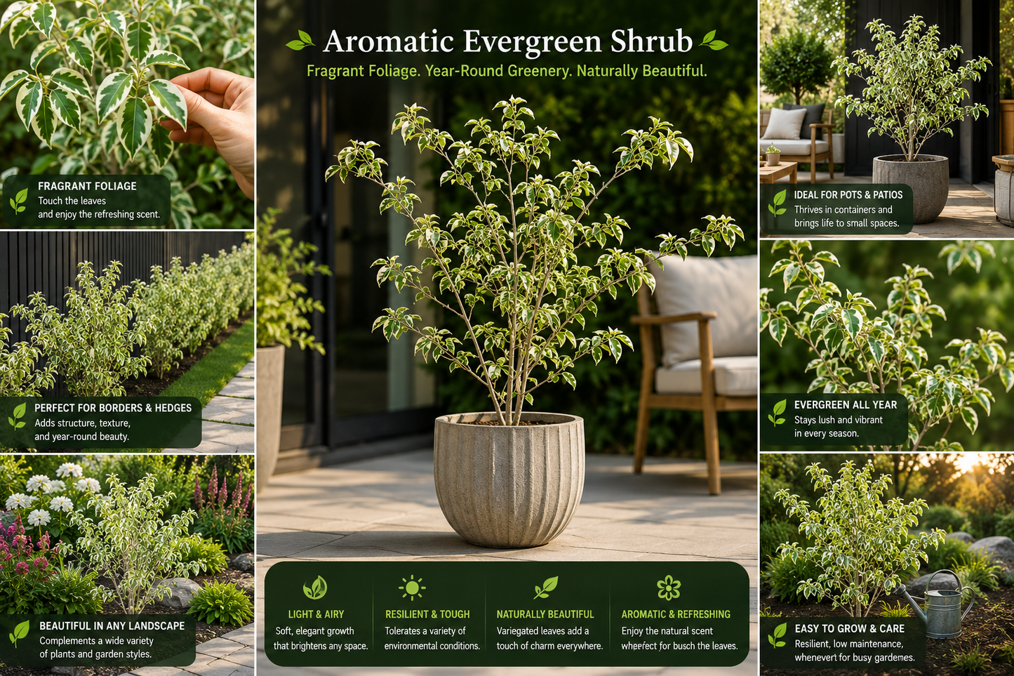 Variegated Aromatic Evergreen Shrub Live Plant | Fragrant Cream-Edge Foliage Ornamental Shrub for Landscaping, Hedges, Borders, Pots & Gardens