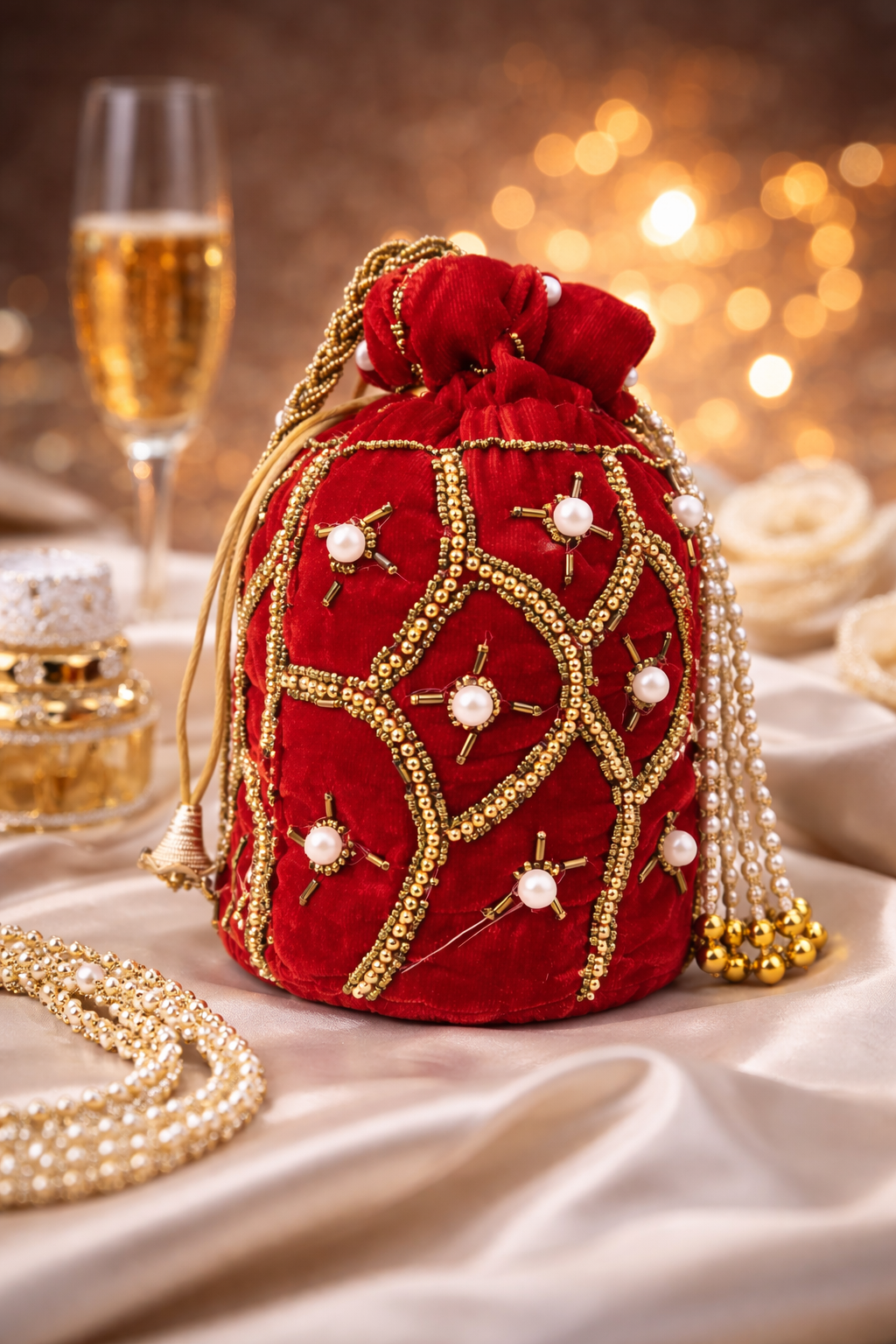 Red Velvet Potli Bag for Women, Embroidered Drawstring Ethnic Clutch Purse with Pearl Tassels and Gold Beadwork