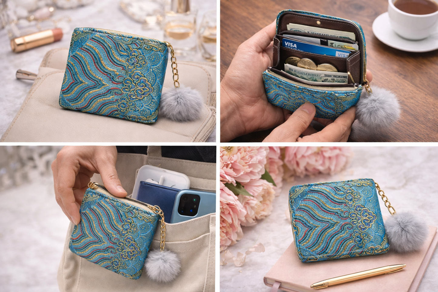 Amazon GEO / SEO Listing Content Product Title  Blue Brocade Zip Around Wallet for Women, Compact Fabric Wallet with Coin Pocket and Card Slots