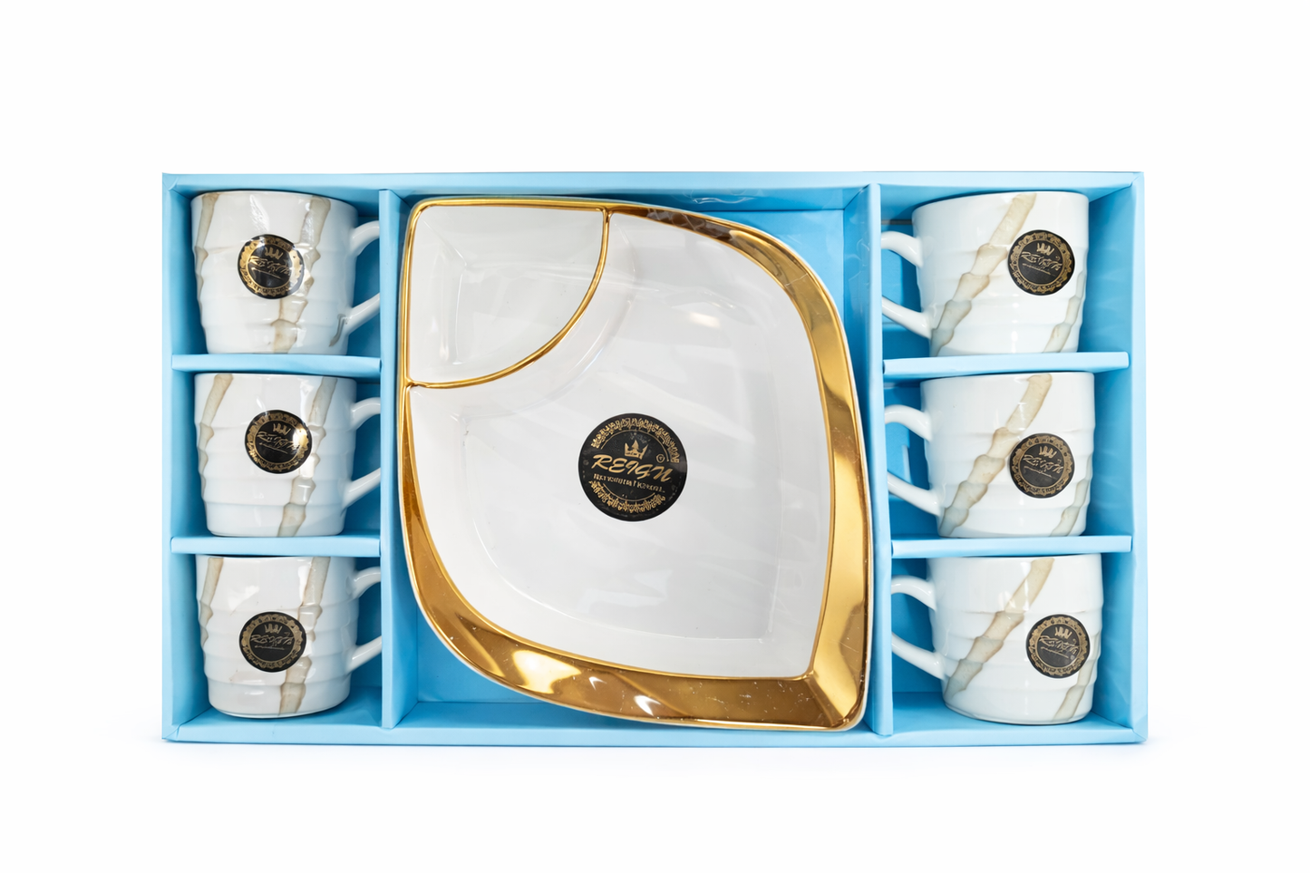 Premium Porcelain Tea Cup Set with Plate (7 Pieces) – 6 Coffee Cups (180 ml) + 8 Inch Dessert Plate | Gold Rim Luxury Tea Set | Gift Set for Home, Office & Festivals