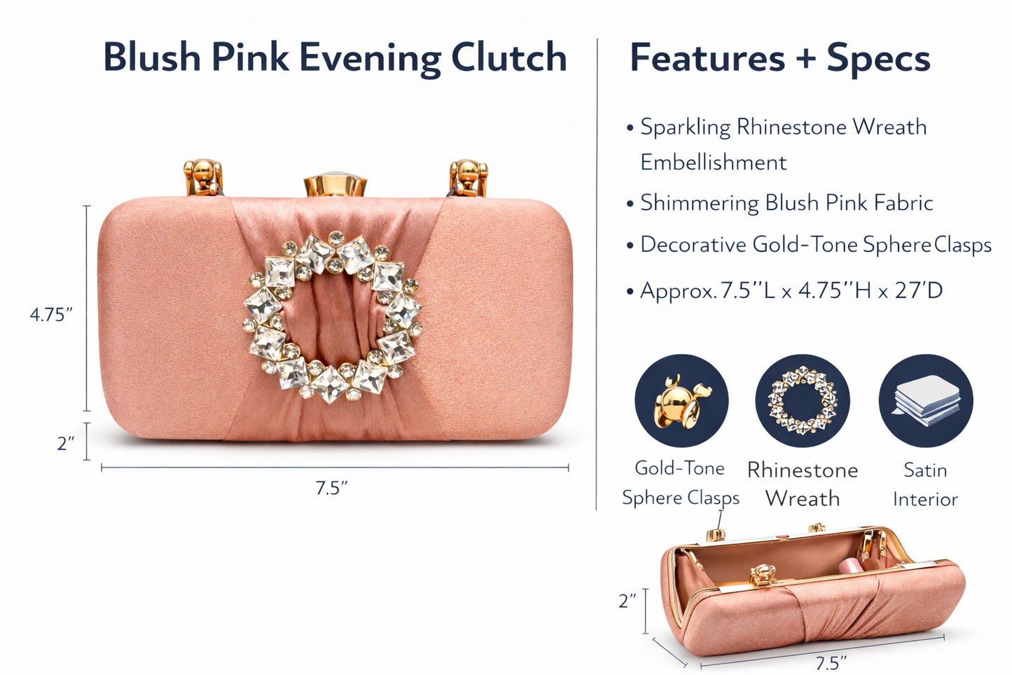 Blush Pink Evening Clutch for Women | Rhinestone Wreath Party Handbag with Gold-Tone Clasp & Satin Interior