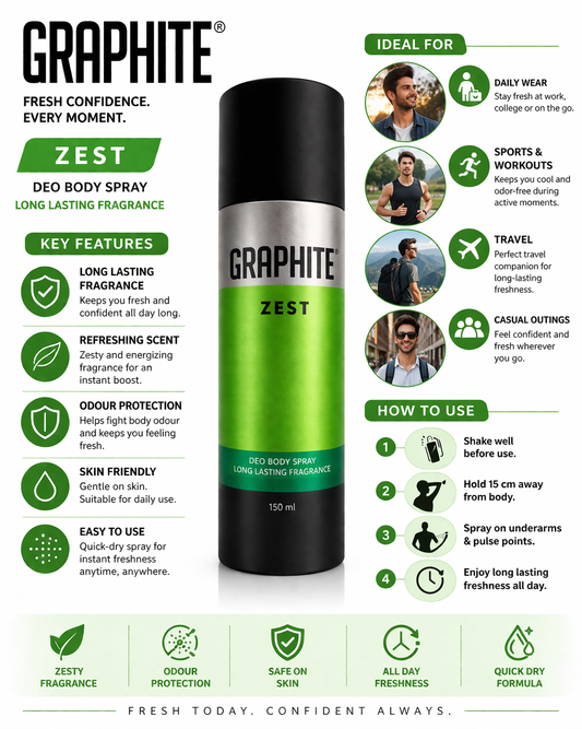 Graphite Zest Deo Body Spray for Men, Long Lasting Citrus Woody Fragrance, No Gas Formula, Quick Dry Fine Mist, Skin Friendly Daily Use – 150 ml