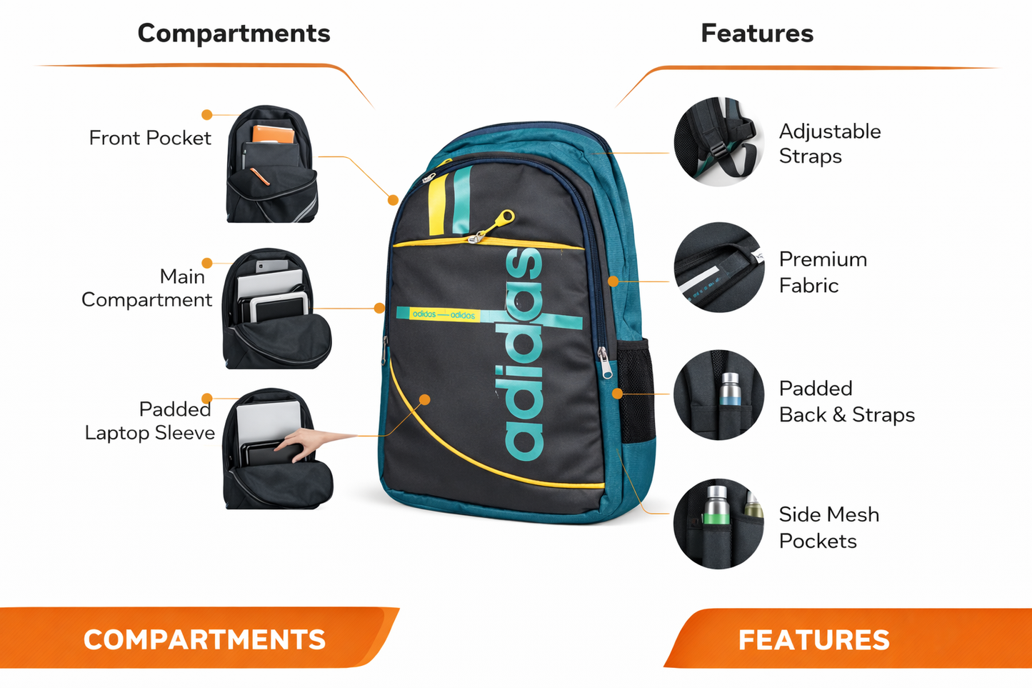 Adidas Backpack for Men and Women, Laptop Backpack with Padded Sleeve, Adjustable Straps, Side Mesh Pocket, Premium Fabric School College Travel Bag, Teal Black