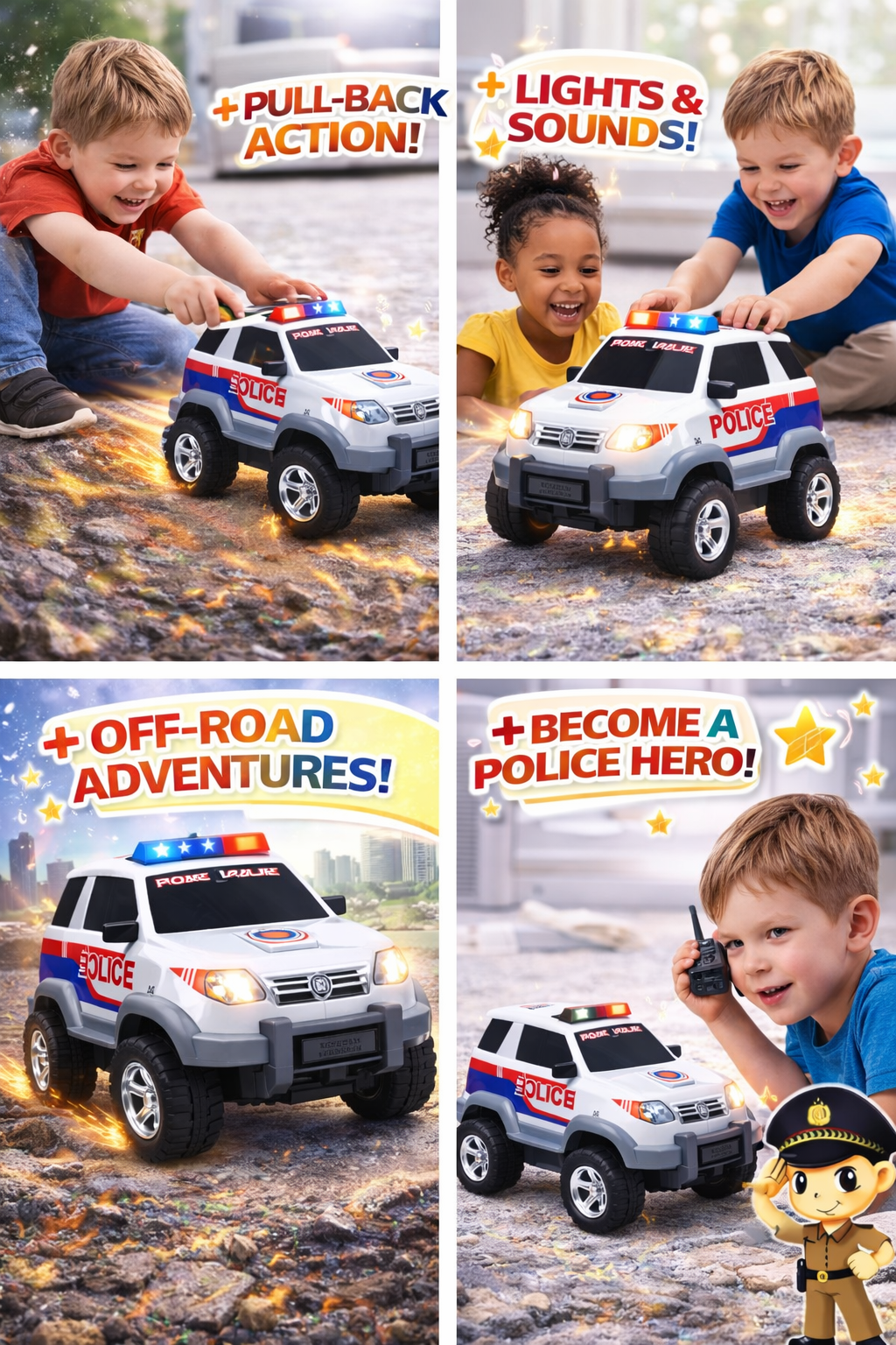 Police 4x4 Toy Car for Kids (3+ Years) – Pull Back Action SUV with Lights & Sound, Friction Powered Off-Road Vehicle Toy