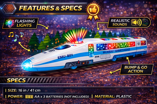 Bullet Train Toy for Kids with Lights & Sound | Big EMU-801 Train with Bump & Go Action | LED Flashing Lights & Music |