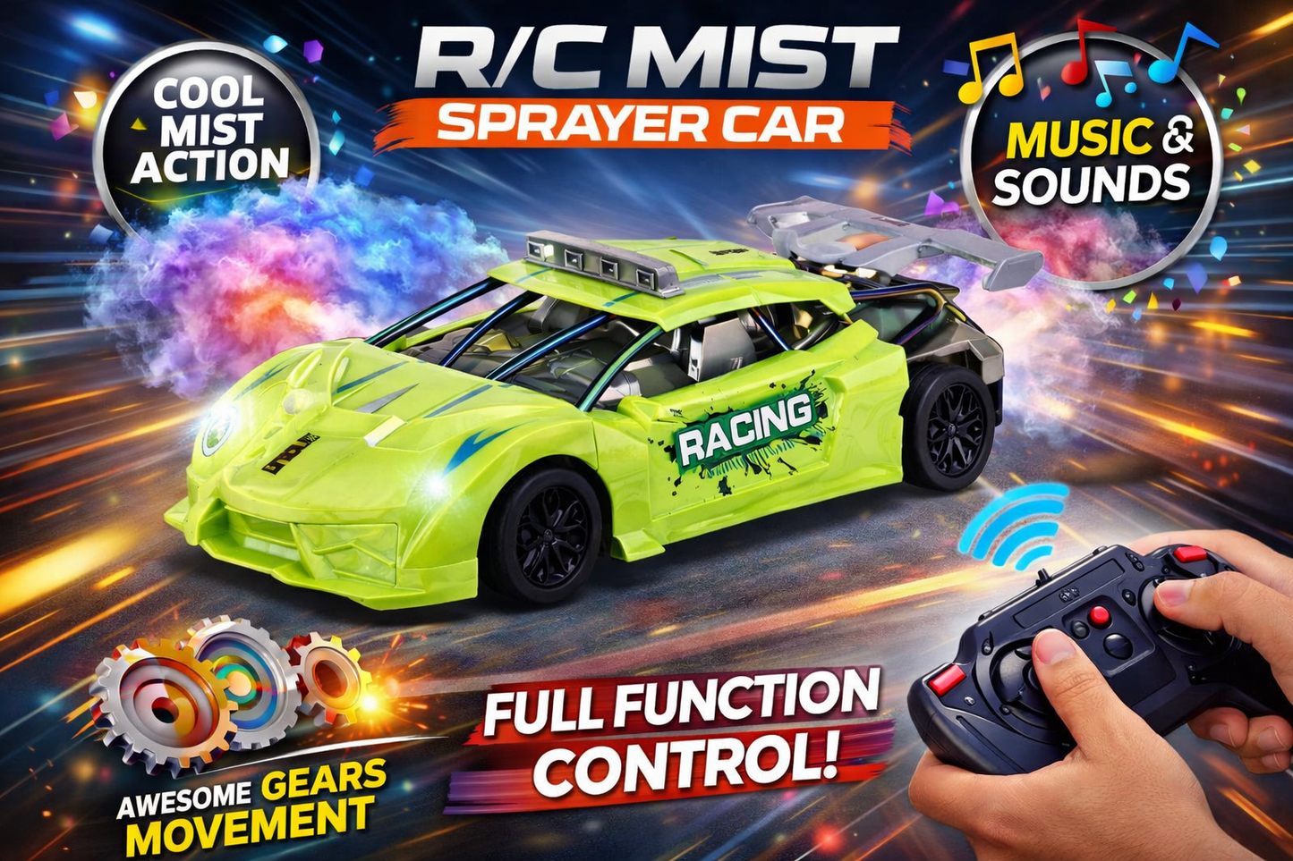 RC Mist Sprayer Car for Kids – 2.4GHz Remote Control Racing Car with Smoke Spray Effect, LED Lights, Music & Rechargeable Battery – Full Function RC Toy for Boys & Girls