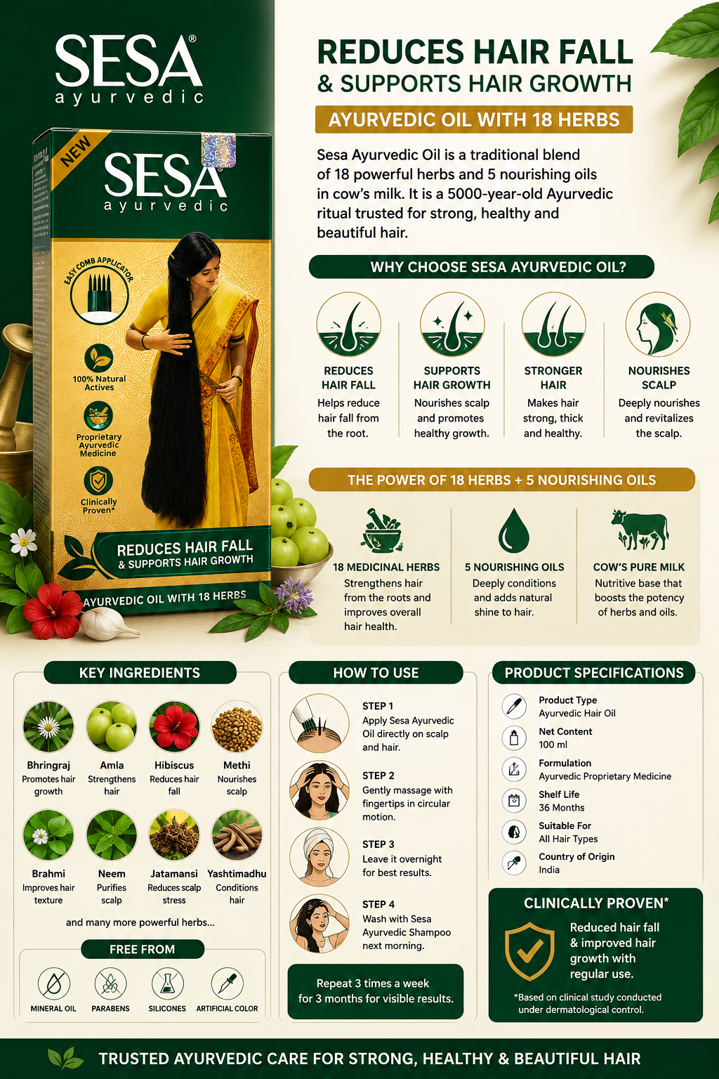 Sesa Ayurvedic Hair Oil | Ayurvedic Hair Growth Oil with 18 Herbs & 5 Nourishing Oils | Helps Reduce Hair Fall Due to Breakage | Nourishes Scalp & Strengthens Hair | Suitable for Men & Women | 100 ml