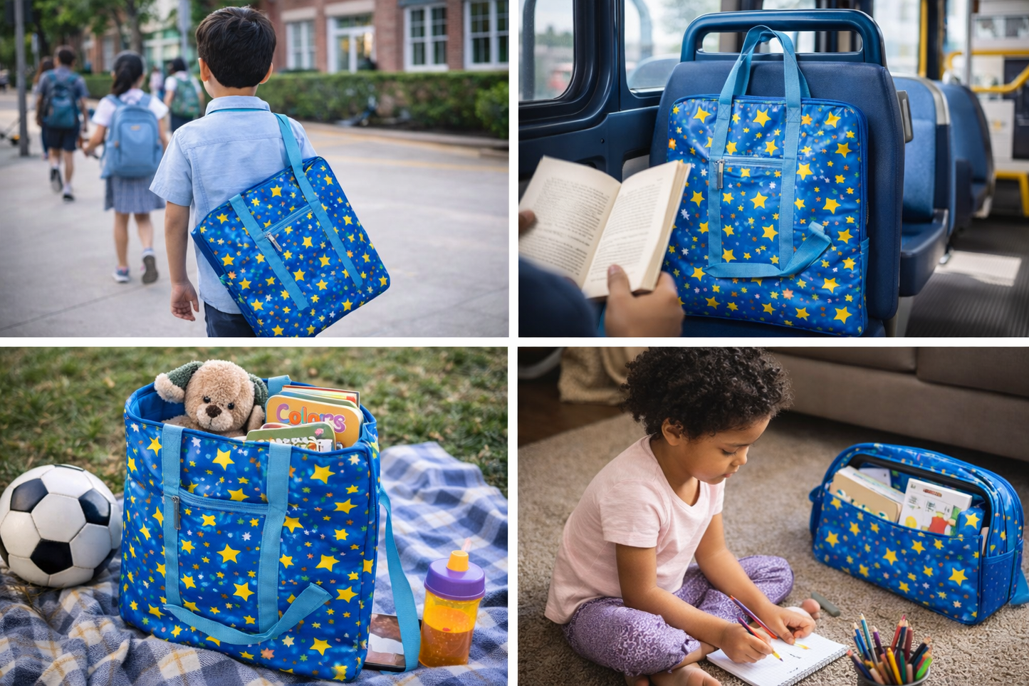 Kids Star Tote Bag for Boys & Girls, Waterproof Lightweight School Activity Bag with Adjustable Shoulder Strap, Blue