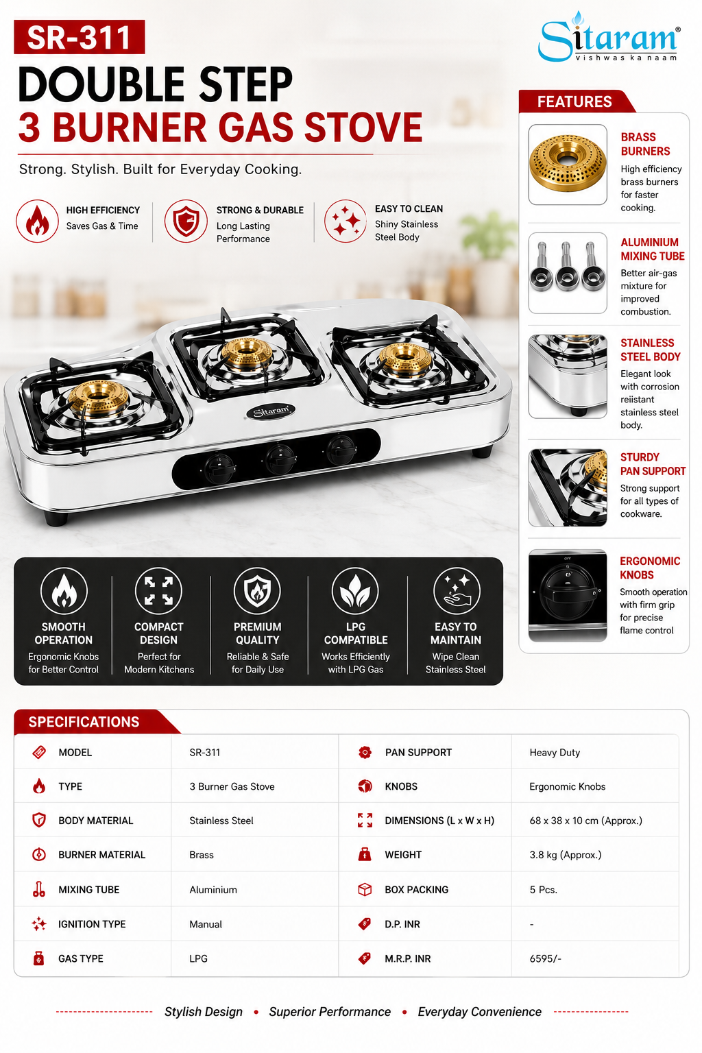 Sitaram SR-311 Diamond 3 Burner Gas Stove | Stainless Steel Body | Brass Burners | Heavy Duty Pan Support | Manual Ignition LPG Gas Stove | Silver
