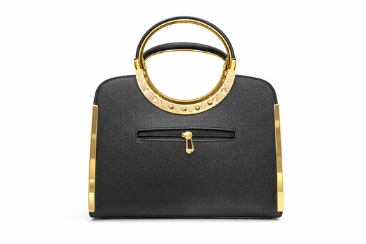 Harmal Store Women’s Luxury Faux Leather Handbag with Rhinestone Handle | Black Designer Top Handle Purse with Gold-Tone Hardware |