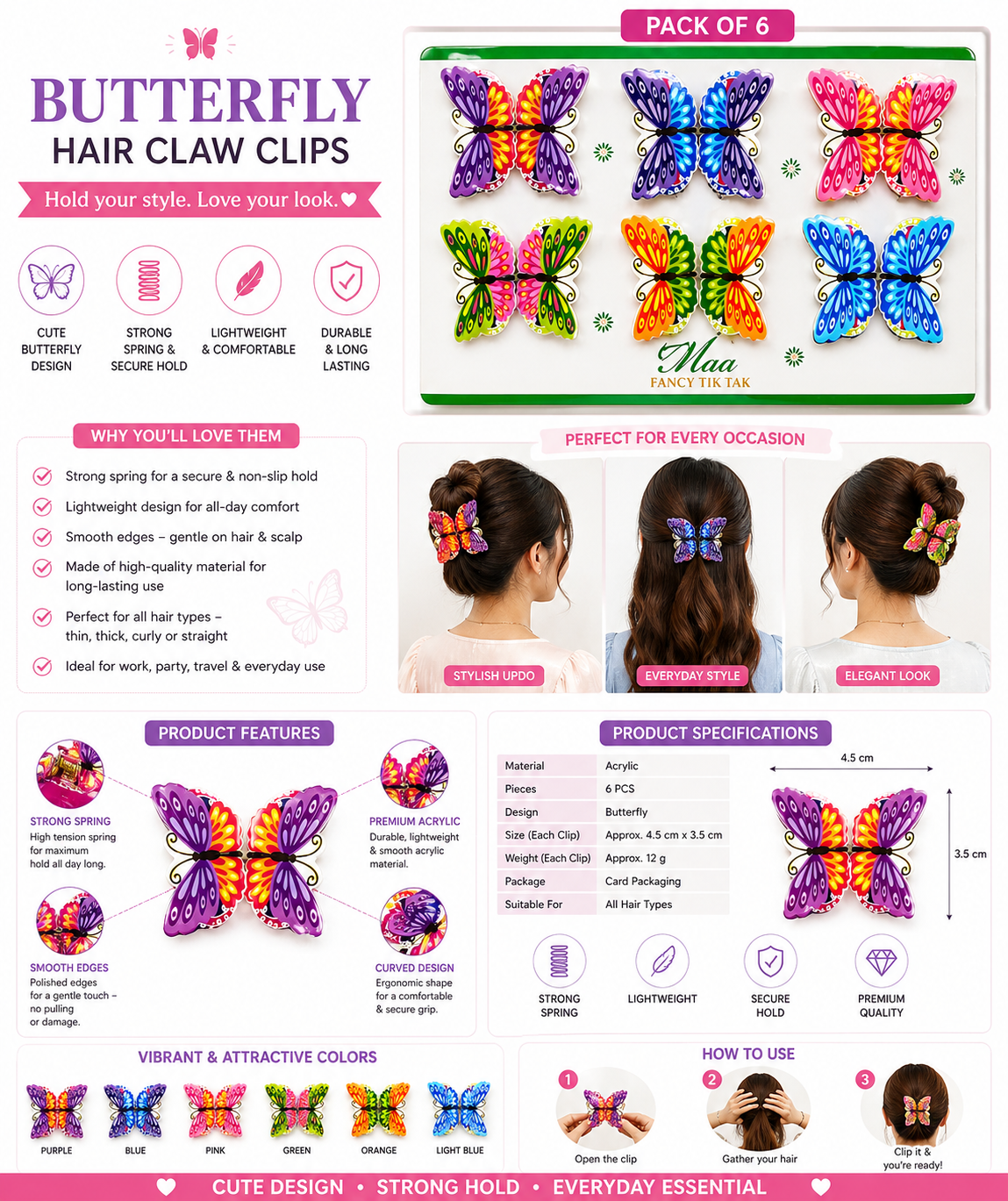 Harmal Store Butterfly Hair Claw Clips – 6-Piece Vibrant Set with Strong Spring and Premium Acrylic Finish – Lightweight Non-Slip Hair Accessories for Women and Girls
