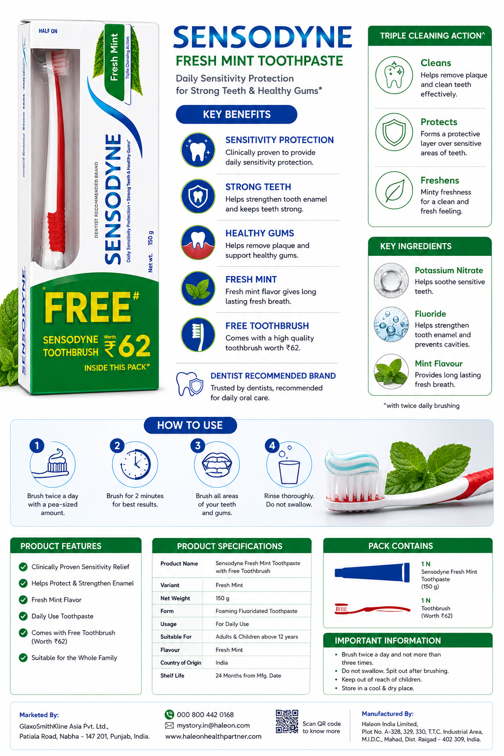 Sensodyne Fresh Mint Toothpaste 150g with Free Toothbrush | Daily Sensitivity Protection | Fresh Mint Flavour | Strong Teeth & Healthy Gums | Fluoride Toothpaste