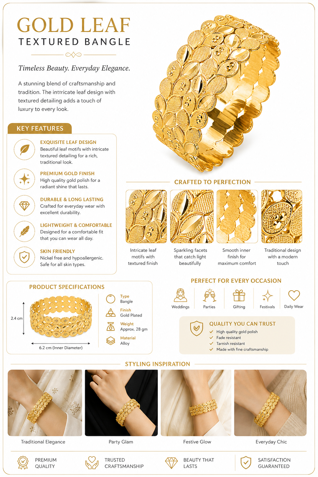 Harmal Store 1 Gram Gold Plated Leaf Textured Bangle for Women - 2.4cm Wide Premium Gold Plated Alloy Kada Bracelet with Sparkling Facets, Traditional Textured Leaf Design Jewelry Gift for Festive Wear