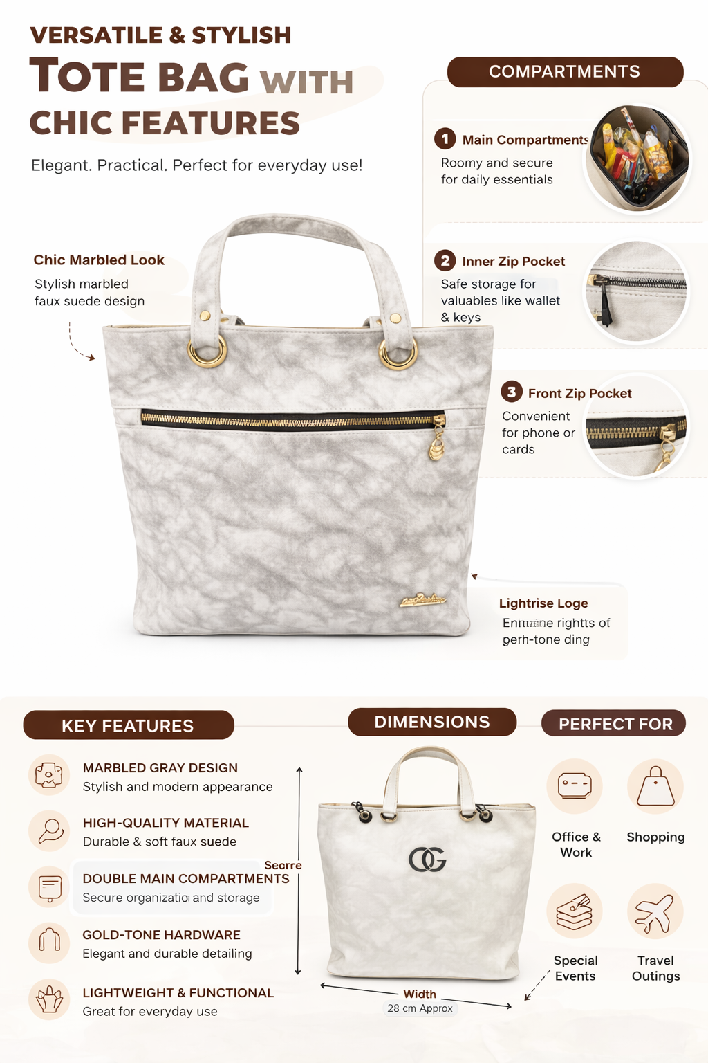 Marbled Gray Tote Bag for Women, Faux Suede Shoulder Handbag with Front Zip Pocket, Inner Zip Pocket, Gold Tone Hardware for Office, Shopping and Travel