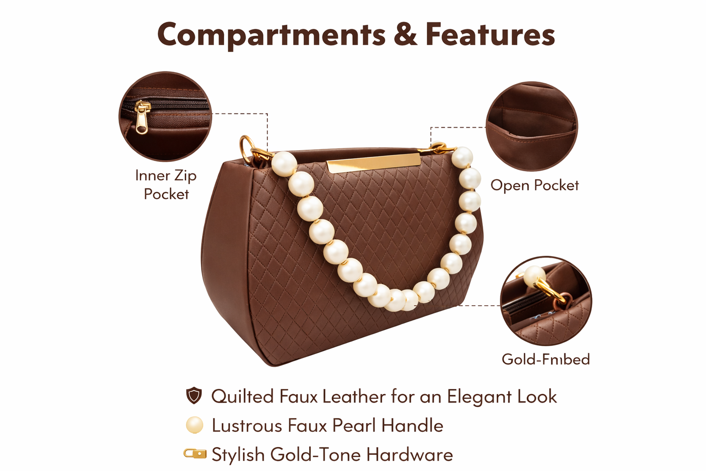 Quilted Faux Leather Handbag for Women with Pearl Handle | Stylish Shoulder Bag with Gold Hardware
