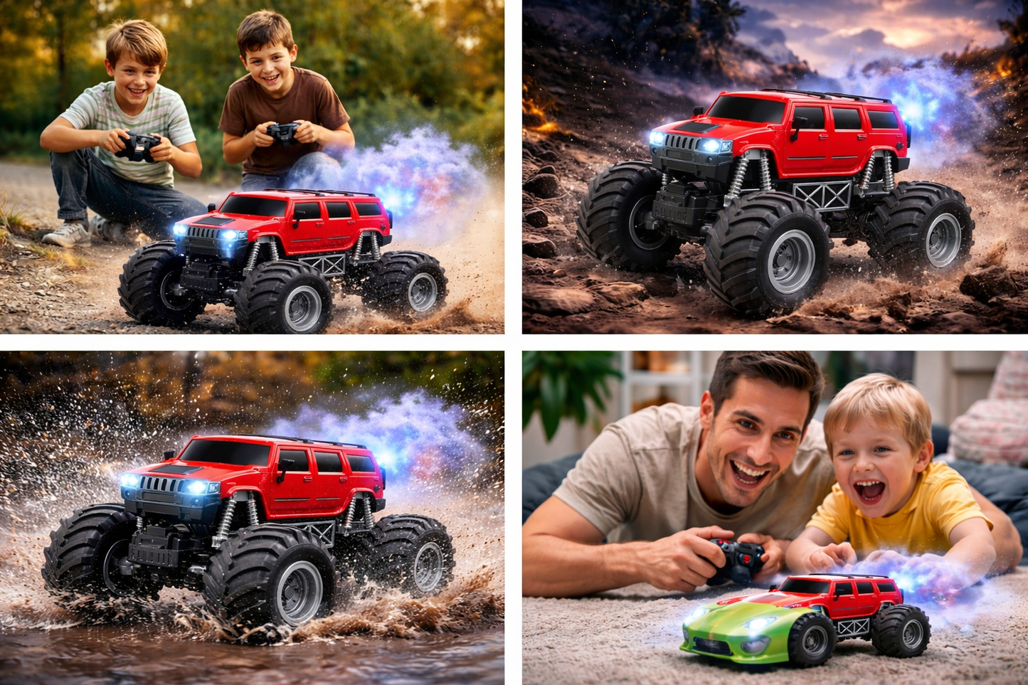 बच्चों के लिए आरसी मॉन्स्टर ट्रक – मिस्ट स्प्रे, एलईडी लाइट्स और सस्पेंशन व्हील्स के साथ रिमोट कंट्रोल ऑफ-रोड कार – 2.4 गीगाहर्ट्ज फुल फंक्शन आरसी कार टॉय (रिचार्जेबल, लड़के और लड़कियां)