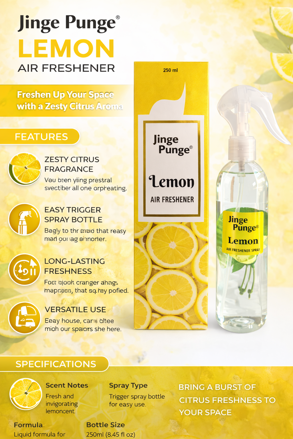 Jinge Punge Lemon Air Freshener Spray 250ml | Zesty Citrus Room Freshener | Long-Lasting Lemon Fragrance | Trigger Spray Bottle | Home, Car & Office Freshener