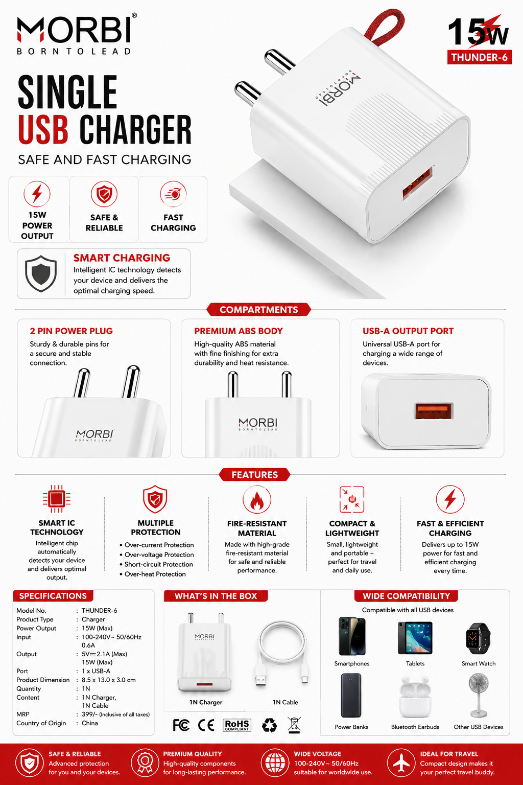 MORBI Thunder-6 15W Single USB Charger with Cable, Fast Charging USB-A Wall Charger Adapter, 2.1A Output, Smart IC, Multi Protection, Compact Travel Charger for Smartphones, Tablets, Power Banks & USB Devices