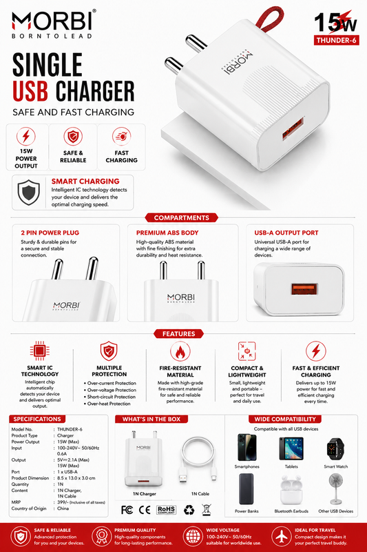 MORBI Thunder-6 15W Single USB Charger with Cable, Fast Charging USB-A Wall Charger Adapter, 2.1A Output, Smart IC, Multi Protection, Compact Travel Charger for Smartphones, Tablets, Power Banks & USB Devices