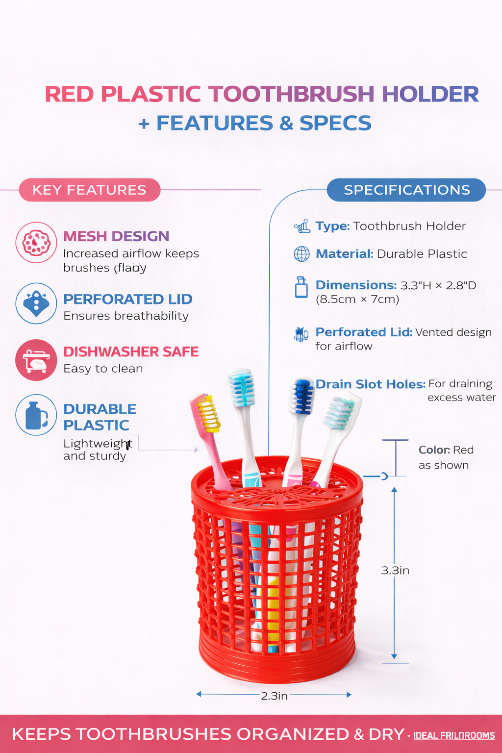 Red Plastic Toothbrush Holder with Ventilated Lid – Mesh Design Bathroom Organizer for Toothbrushes