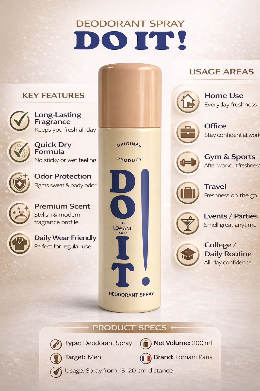 Lomani Paris DO IT! Deodorant Spray for Men | Long Lasting Premium Fragrance | Quick Dry Formula with All-Day Odor Protection | Stylish & Modern Scent | 200ml