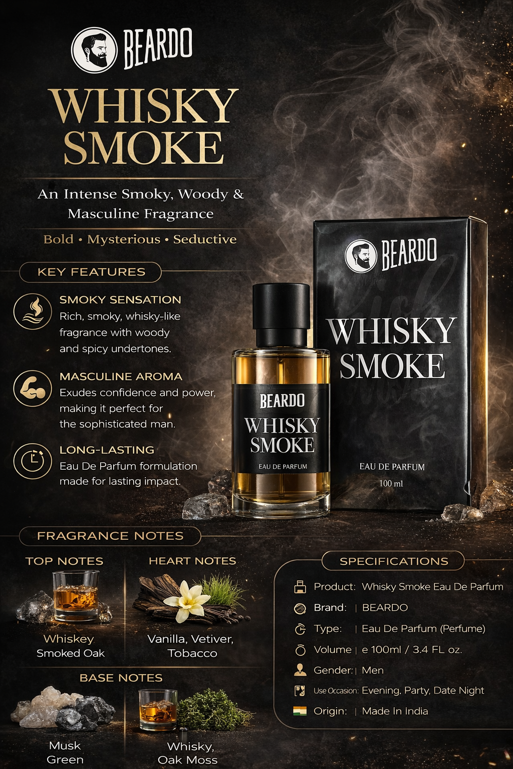BEARDO Whisky Smoke Eau De Parfum for Men 100ml | Long Lasting Smoky Woody Perfume | Whiskey Inspired Bold Fragrance for Evening, Party & Date Night