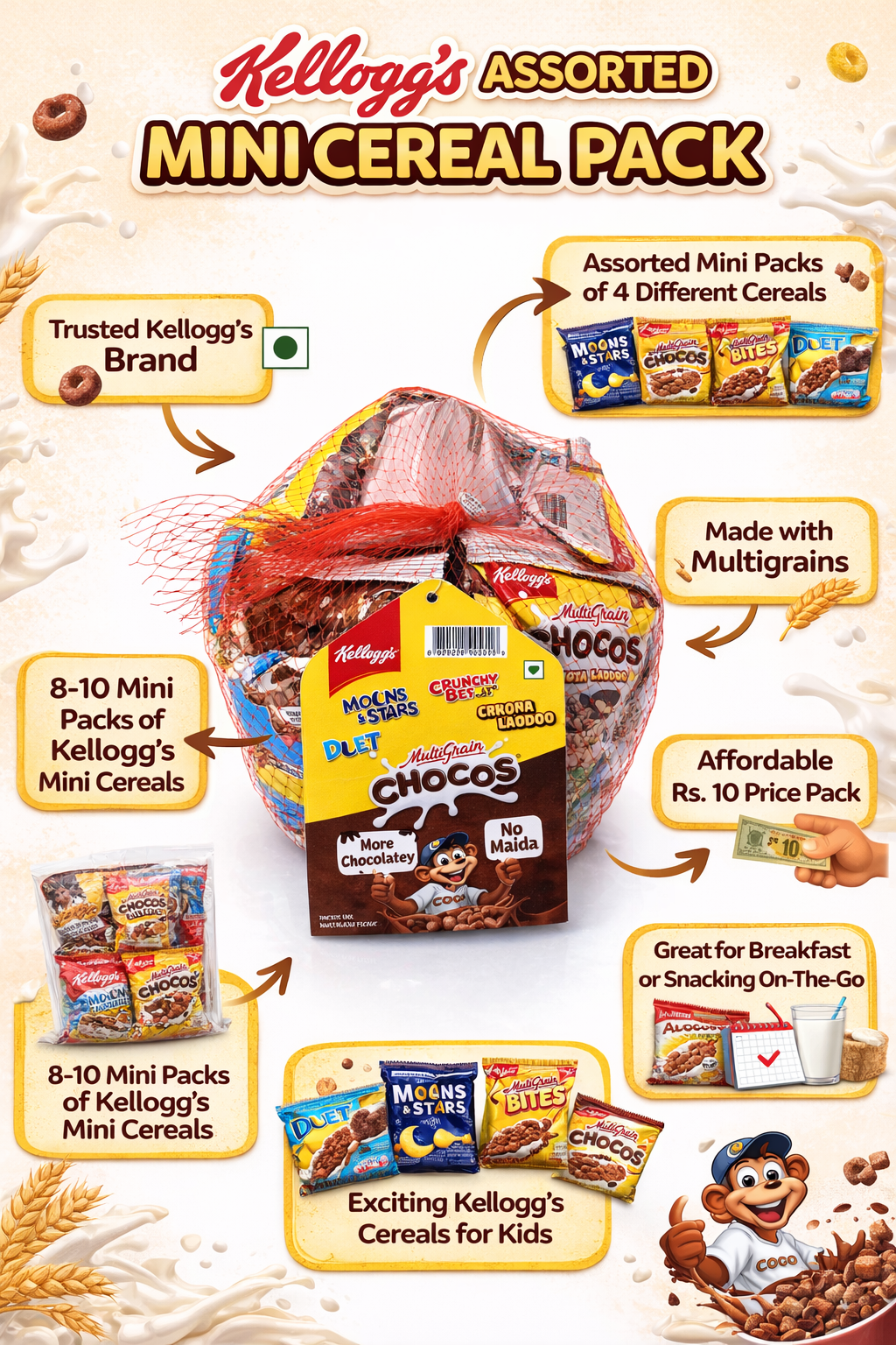 Kellogg’s Assorted Mini Cereal Pack, Multigrain Breakfast Cereals Combo (7 Mini Packs), Chocos, Moons & Stars, Bites & Duet, Kids Snack Pack, Ready-to-Eat