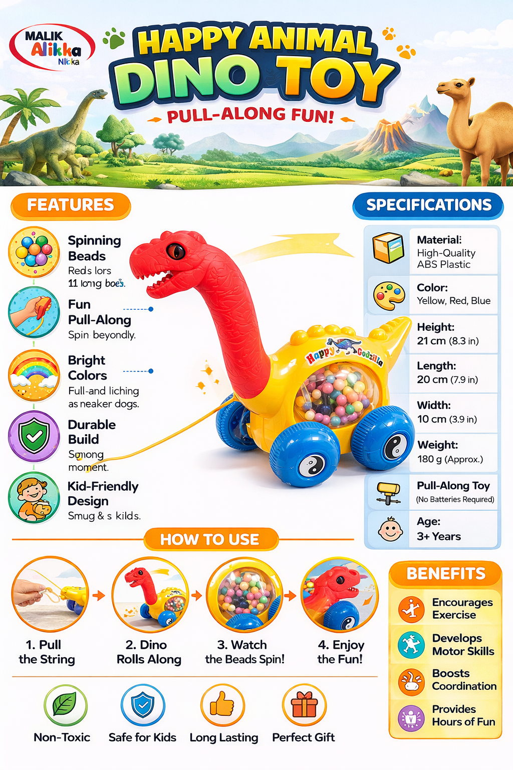 Dinosaur Pull Along Toy for Kids 3+ Years, Beads Spinning Dino Toy with Wheels, No Battery Walking Toy, Educational Toddler Toy for Boys & Girls