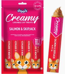 Drools Creamy Lickable Cat Treats Salmon & Skipjack | Real Fish Cat Treat | Creamy Wet Cat Snack | Grain-Free Formula | Highly Palatable Cat Treats | Adult Cats & Kittens | 15g x 5 Sticks